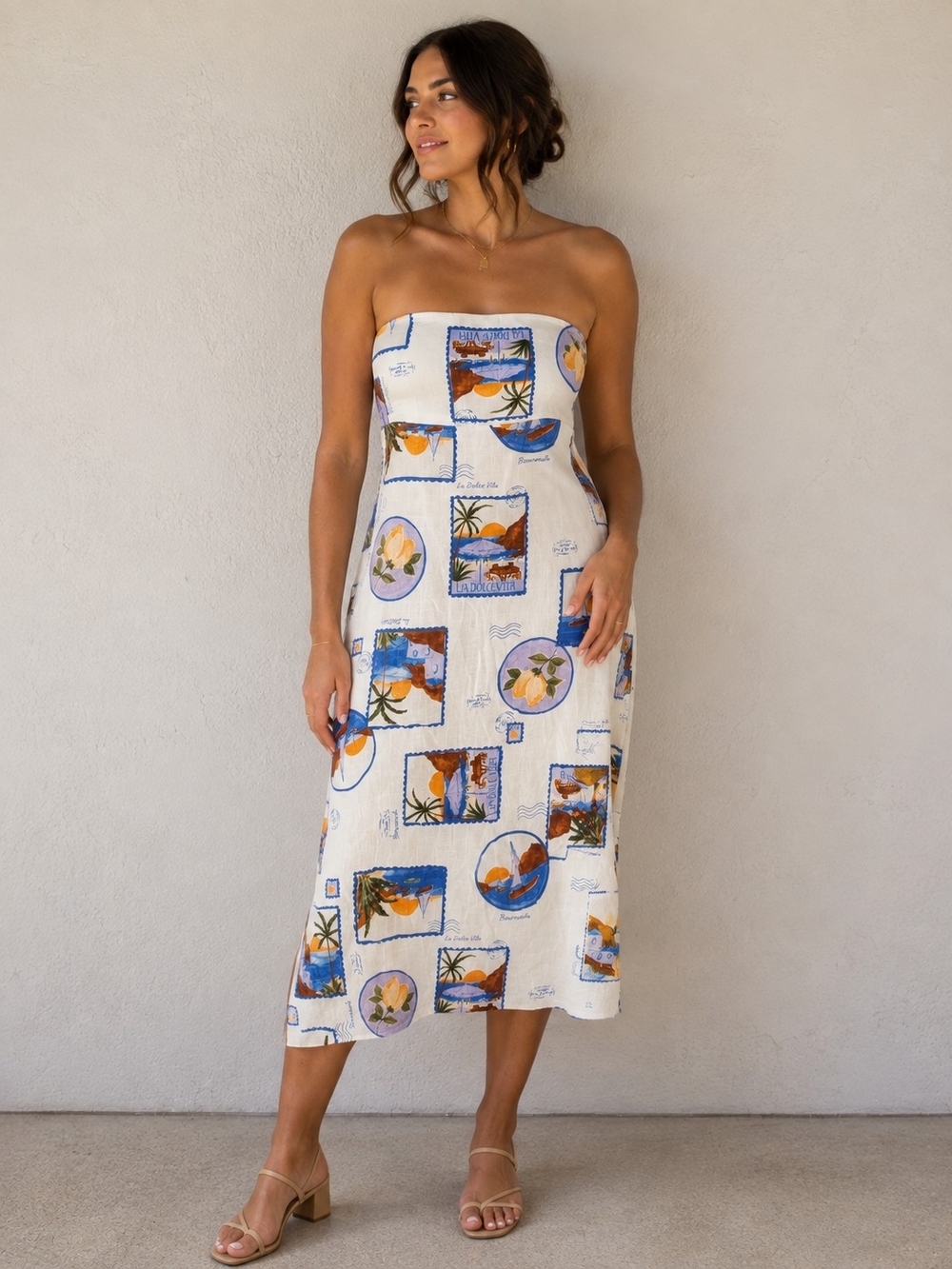 Paper Heart La Dolce Vita Strapless Linen Blend Resort Maxi Dress Mediterranean